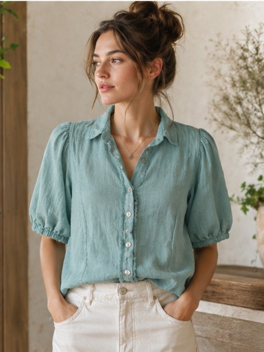 SOFIA Made in Italy 100% Linen Short Sleeve Top Seafoam Green L